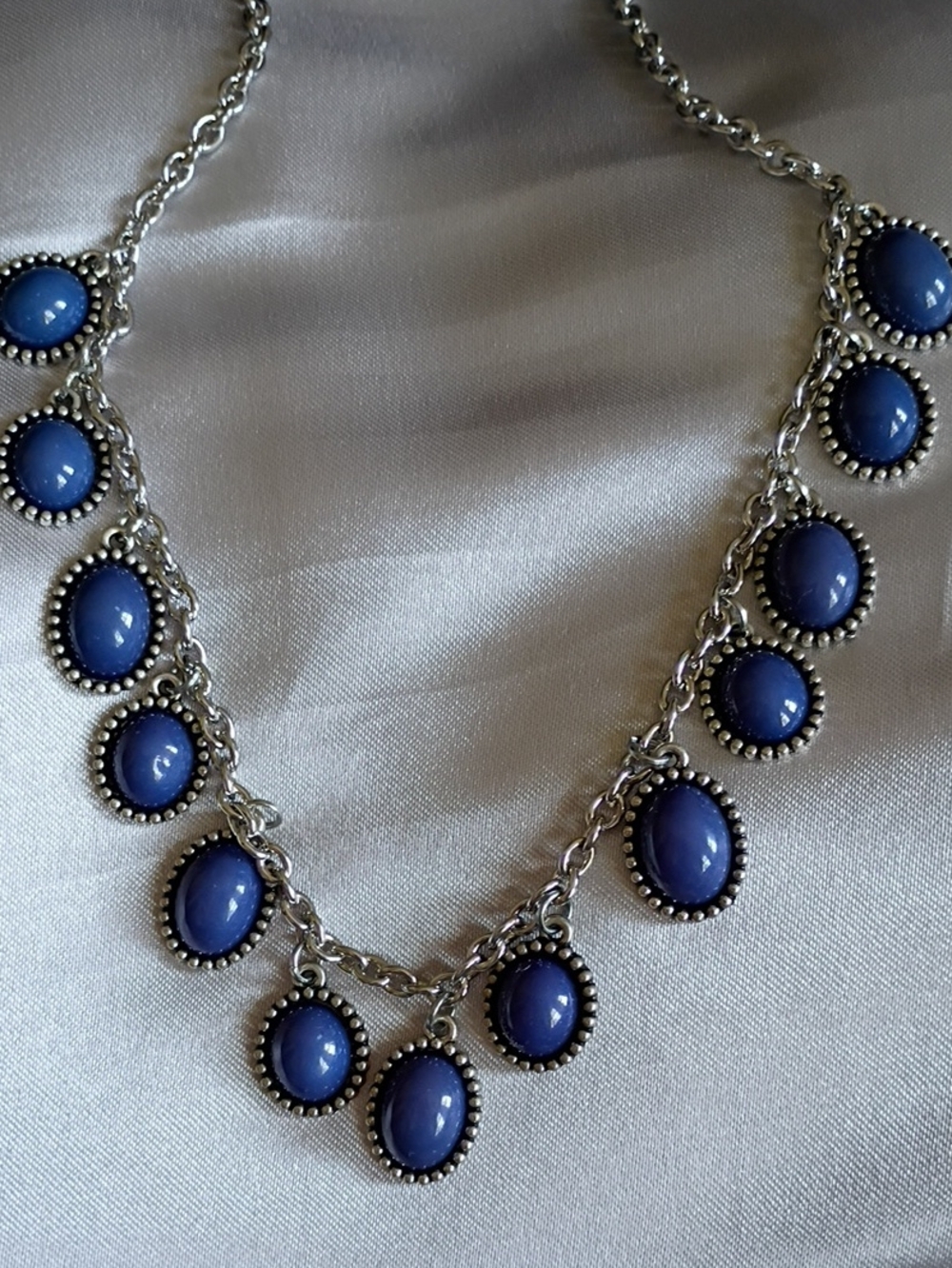 Silver Necklace with Blue Cabochon Drops - Elegant Statement for Women